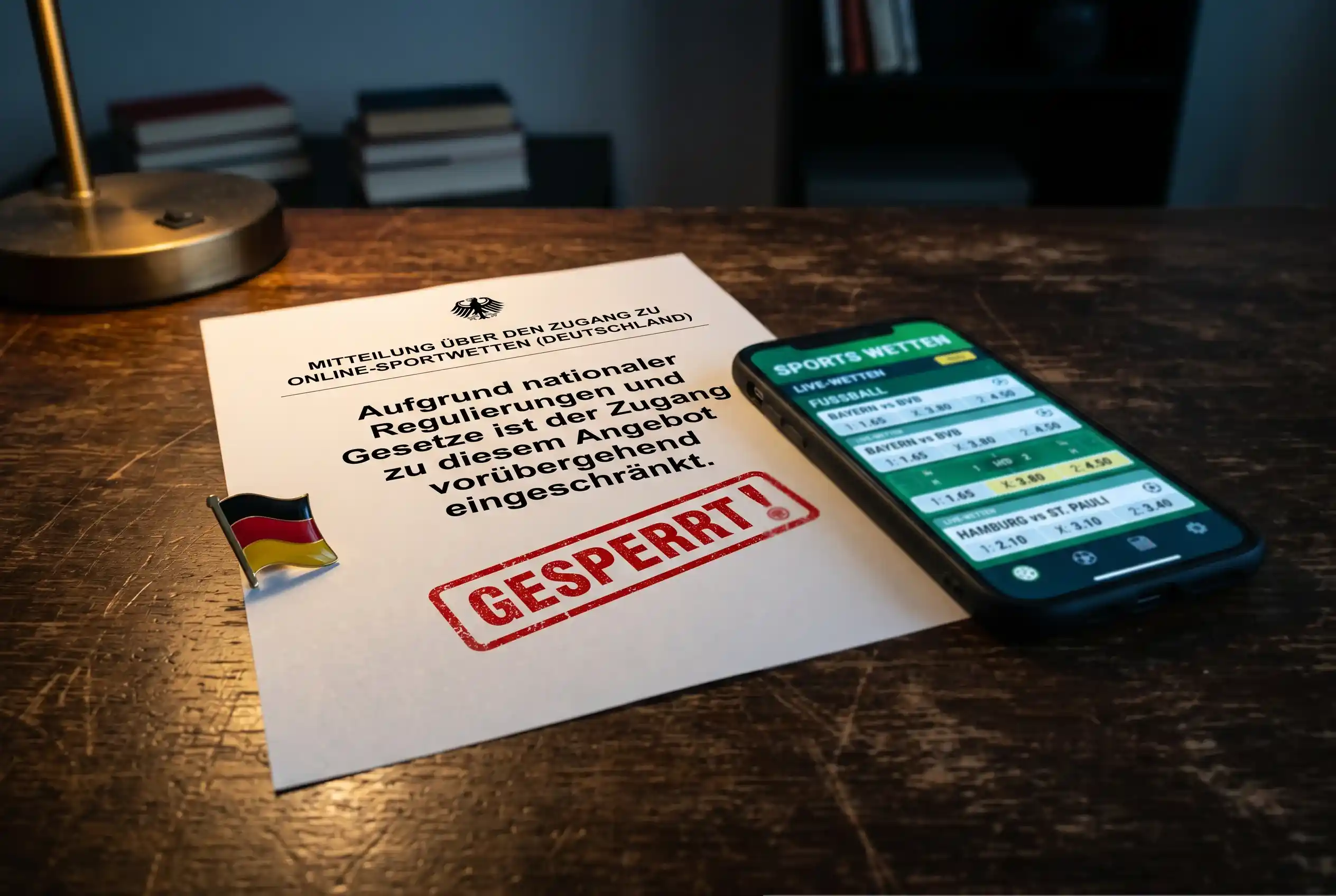 Symbolische Darstellung des gespaltenen deutschen Sportwettenmarkts zwischen legalem und illegalem Angebot