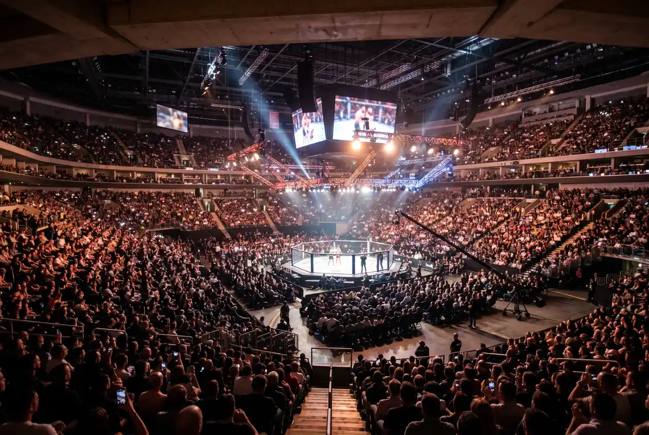 UFC Arena mit großem Publikum und Medienproduktion bei einem Live-Event